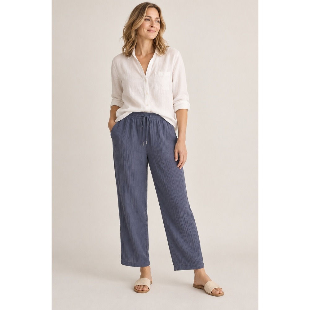 Quince 100% Organic Cotton Gauze Straight Leg Pants Womens L Indigo Blue Pull On